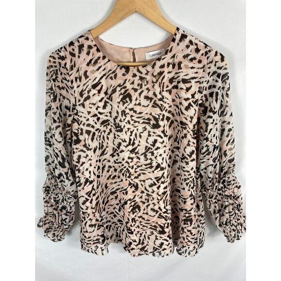 Calvin Klein Animal Print Ruffle Sleeve Blouse Size Small - Picture 3 of 7